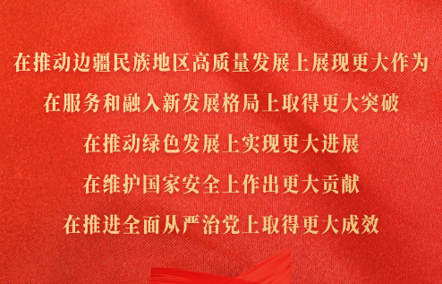 在推動邊疆民族地區高質量發展上展現更大作為，在服務和融入新發展格局上取得更大突破，在推動綠色發展上實現更大進展，在維護國家安全上作出更大貢獻，在推進全面從嚴治黨上取得更大成效